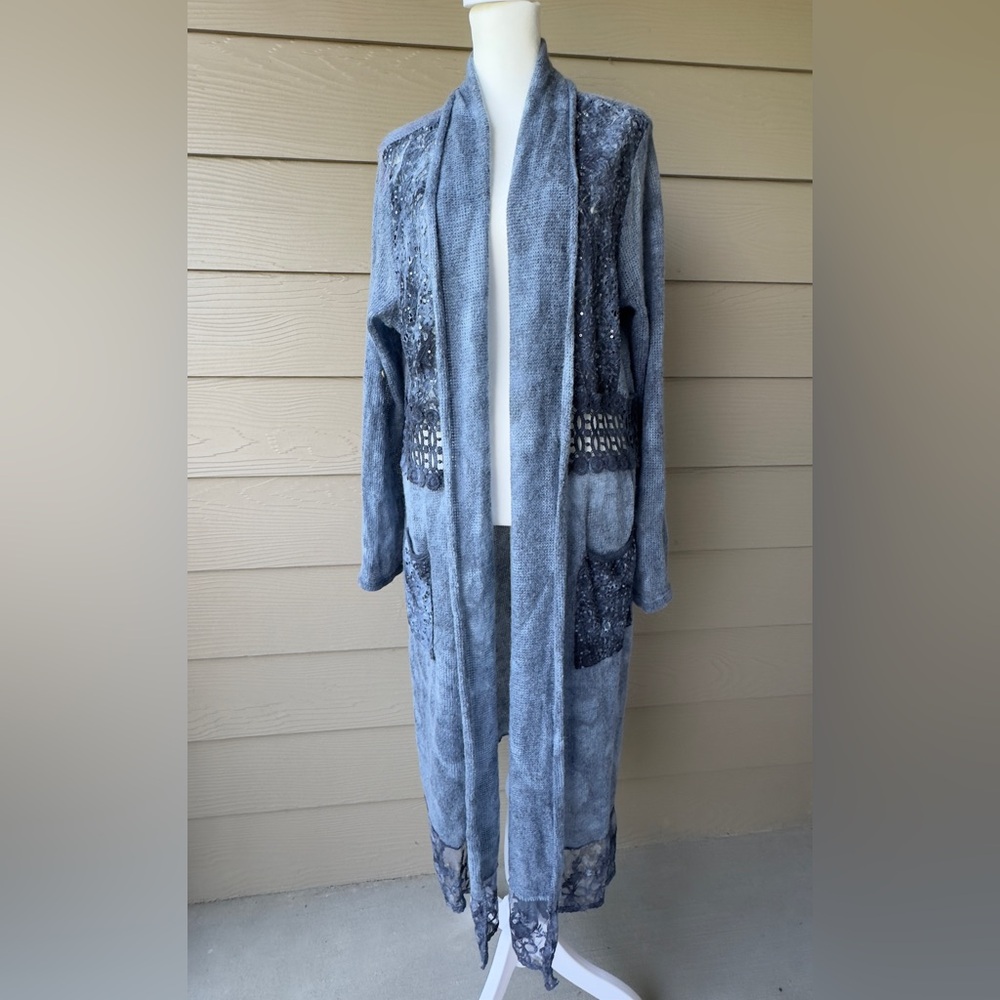 Mohair Cardigan Long Crocheted Sequins Blue Lightweight Blue One Size